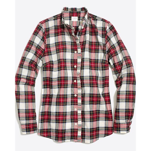 J. Crew Tops - JCrew New Plaid Shirt Womens Small Ruffle Collar Red & White Holiday